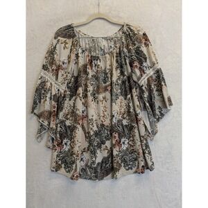 Womens Large Paisley Floral Bell Sleeve Boho Blouse Top‎ Size L